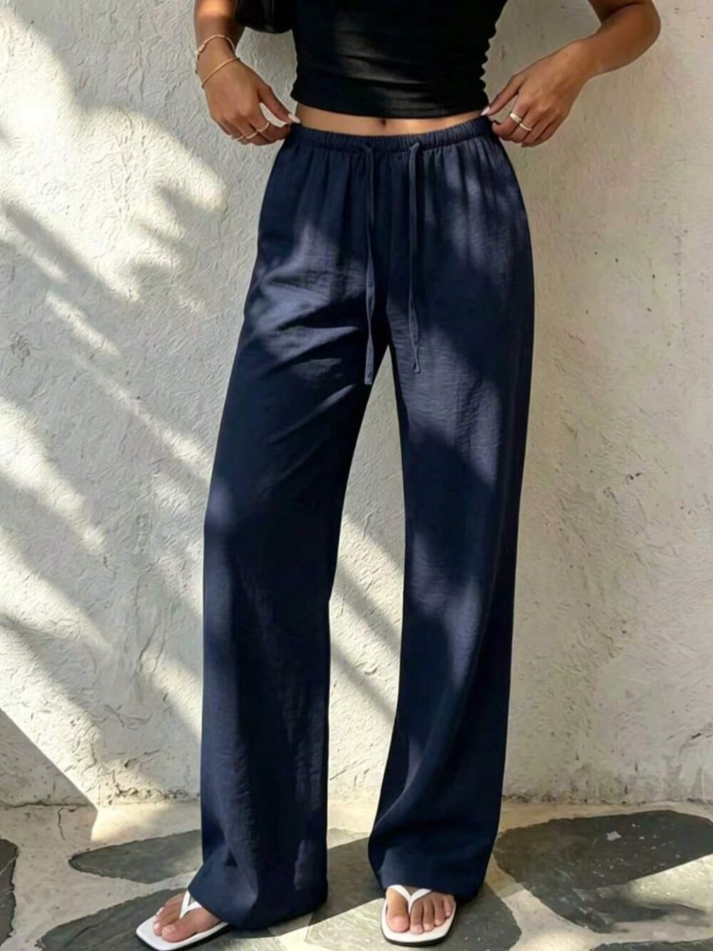 Navy Blue Casual Women's Linen Style Wide Leg Pants - Picture 5 of 6